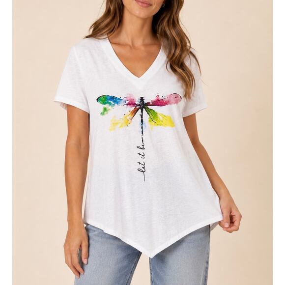 Cotton Made Casual Tops - Cotton Made Casual Dragonfly Watercolor “Let It Be” V-Neck White Top Size Small